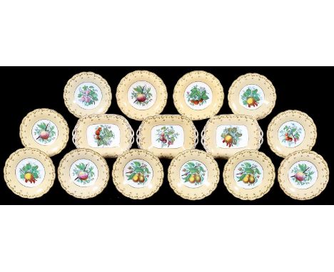 A CHARLES MEIGH FAWN GROUND EARTHENWARE DESSERT SERVICE, C1840, PRINTED AND PAINTED WITH FRUIT IN SCALLOPED GILT BORDER, THE 