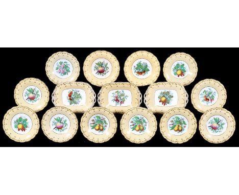 A CHARLES MEIGH FAWN GROUND EARTHENWARE DESSERT SERVICE, C1840, PRINTED AND PAINTED WITH FRUIT IN SCALLOPED GILT BORDER, THE 