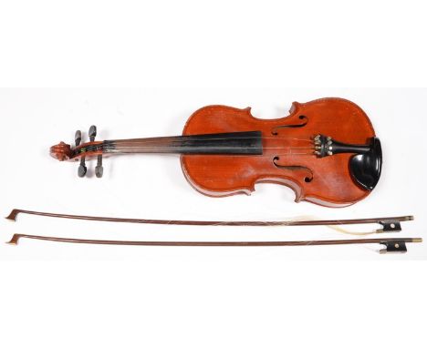 A GERMAN VIOLIN BEARING PRINTED LABEL COPY OF ANTONIO STRADIVARIUS MADE IN GERMANY, LENGTH OF BACK 36CM AND TWO VIOLIN BOWS, 