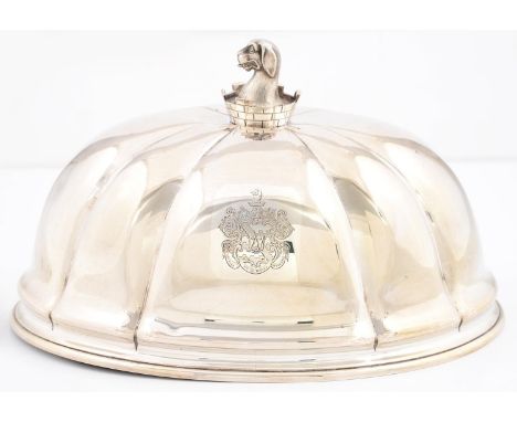 A SHEFFIELD PLATE DISH COVER, EARLY 19TH C, WITH CREST FINIAL AND ENGRAVED ARMORIALS, 36CM L Minor dent; replated not at rece