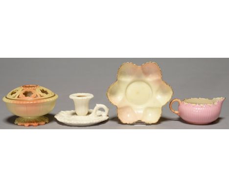 A LOCKE &amp; CO WORCESTER GLAZED PORCELAIN CHAMBERSTICK AND THREE COLOURED WARES, C1902-14, CHAMBERSTICK 5CM H, IMPRESSED AN