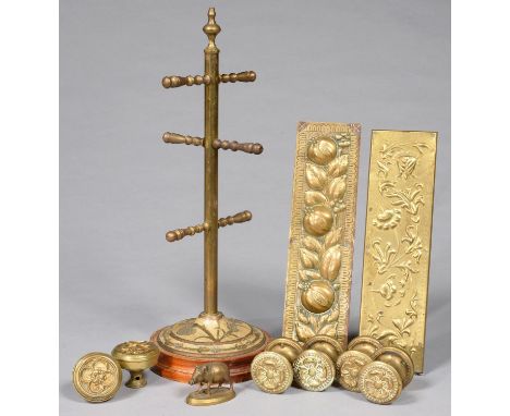 DOOR FURNITURE. TWO LATE VICTORIAN EMBOSSED BRASS FINGER PLATES, ONE WITH POMEGRANATES, C1890, A PAIR AND A SET OF FOUR BRASS