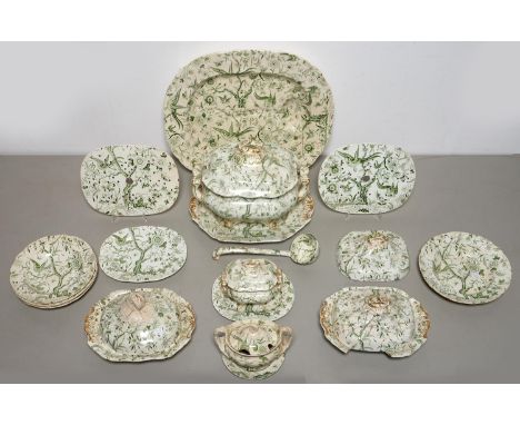 A BRAMELD GREEN PRINTED EARTHENWARE INDIA PATTERN DINNER SERVICE, 1825-42, THE SERVICE INCLUDING SOUP TUREEN, COVER, STAND AN