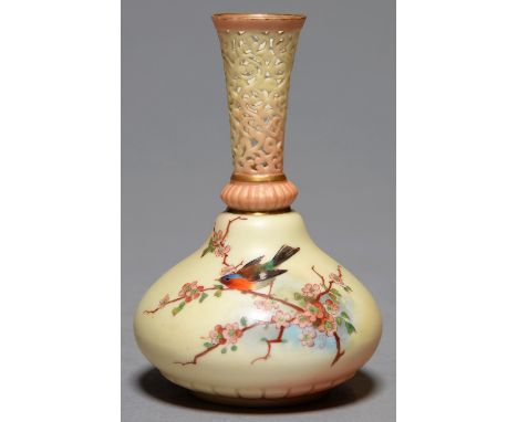 A LOCKE &amp; CO WORCESTER PEAR SHAPED VASE WITH RETICULATED NECK, C1902-14, PRINTED AND PAINTED WITH A BIRD ON BLOSSOM, ON S