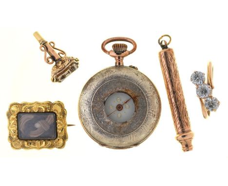 A VICTORIAN GOLD AND CITRINE SHIELD SHAPED SEAL-WATCH KEY, C1840, 19MM, A CONTEMPORARY GOLD MOURNING BROOCH, A SWISS KEYLESS 