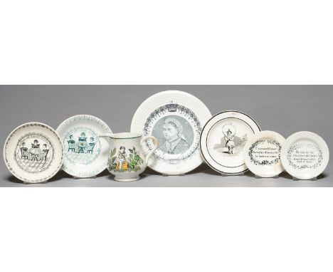 SEVEN BRITISH CHILDREN'S WHITEWARE PLATES AND SAUCERS AND A SIMILAR JUG, MID AND LATE 19TH C, TRANSFER PRINTED IN BLACK OR GR