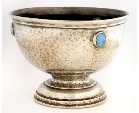 LIBERTY &amp; CO. A PEWTER ROSE BOWL, C1910, APPLIED WITH THREE SEMI-OPALESCENT GLASS 'JEWELS', 11.5CM H, MARKED ENGLISH PEWT