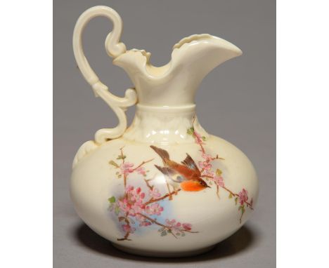 A LOCKE &amp; CO WORCESTER EWER, 1902-14, PRINTED AND PAINTED WITH A ROBIN ON BLOSSOM, ON GLAZED PORCELAIN GROUND, 14.5CM H, 