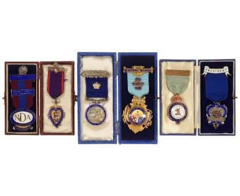 THREE SILVER GILT AND ENAMEL PRESIDENT'S AND OTHER JEWELS, INCLUDING ONE OF THE LICENSED VICTUALLERS CENTRAL PROTECTION SOCIE