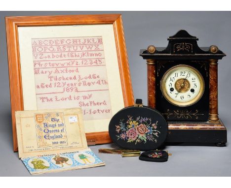 AN EBONISED AND FAUX MARBLE MANTLE CLOCK IN ARCHITECTURAL STYLE CASE, 34CM H, LATE 19TH C, A FRAMED&nbsp; SAMPLER, ETC. Case 