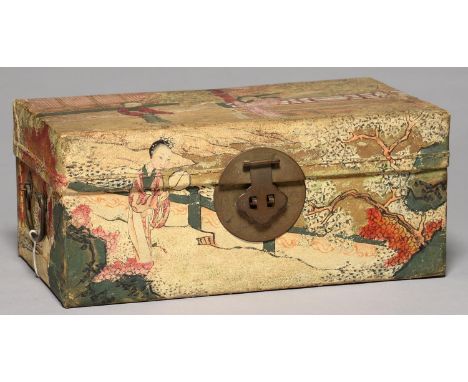 A CHINESE&nbsp; PAINTED VELLUM COVERED WOOD TRUNK, EARLY 20TH C, DECORATED TO THE LID AND SIDES WITH FIGURES, ENGRAVED BRASS 