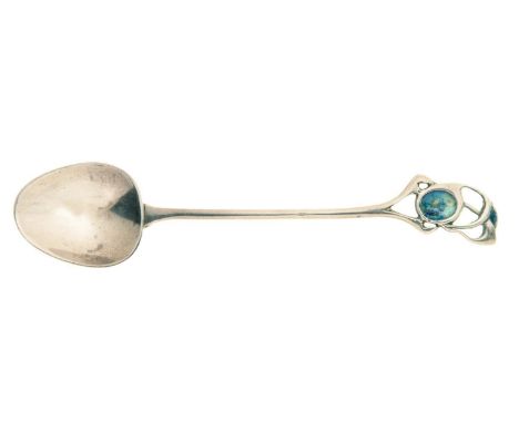 LIBERTY &amp; CO. A&nbsp; CYMRIC SILVER AND TRANSLUCENT ENAMEL SPOON, THE DESIGN ATTRIBUTED TO ARCHIBALD KNOX, WITH OPENWORK 