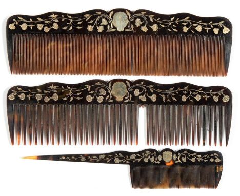 A SET OF THREE FINE PIQUÉ HAIR COMBS, LATE 19TH C, OF TORTOISESHELL AND GOLD, 18 AND 20CM LONG One comb lacking one tooth, ot