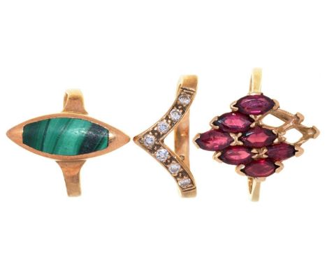 THREE GOLD RINGS, VARIOUSLY GEM SET, 8.8G, SIZES K, J AND O One lacking two stones; all with light wear