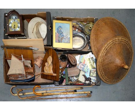 MISCELLANEOUS ITEMS, INCLUDING A VICTORIAN MAHOGANY WRITING BOX, 27CM W, A MODEL SAILING SHIP, MAHOGANY MANTEL CLOCK, WALKING