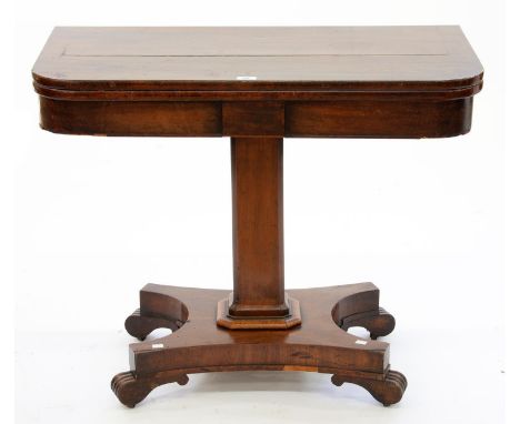 A VICTORIAN MAHOGANY CARD TABLE ON PEDESTAL BASE, 72CM H; 92 X 92CM Top surface very split, numerous other losses, chips and 