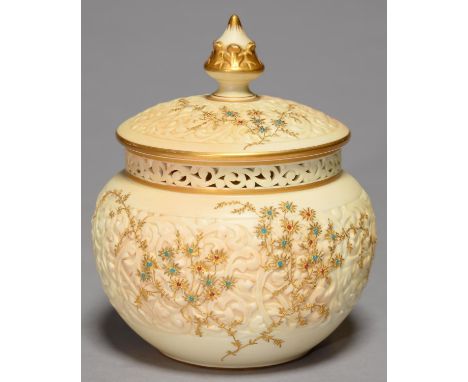 A GRAINGER WORCESTER MOULDED OVOID POT POURRI VASE, COVER AND INNER COVER, 1894, WITH RETICULATED NECK, DECORATED IN RAISED G