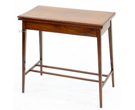 AN EDWARDIAN INLAID MAHOGANY FOLDING CARD TABLE ON SQUARE TAPERING LEGS AND STRETCHER BASE, 73CM H; 77 X 40CM Slight movement