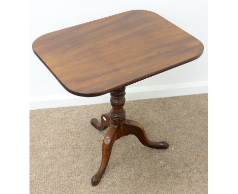 A VICTORIAN MAHOGANY TRIPOD TABLE, C1840, THE OBLONG TOP ON RING BALUSTER PILLAR, 68CM H; 50 X 67CM Minor knocks and scratche