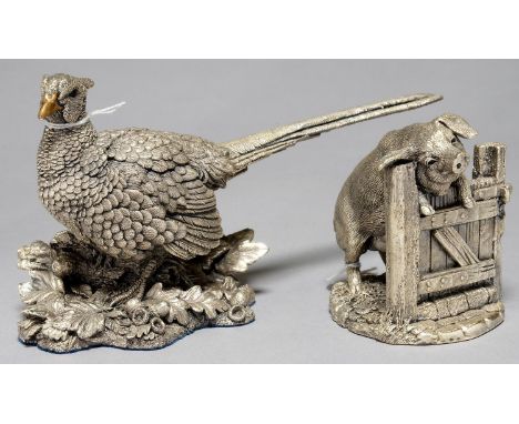 AN ELIZABETH II ELECTROFORMED AND FILLED SILVER MODEL OF A PIG AT A GATE AND A LARGER SIMILAR MODEL OF A PHEASANT, 8 AND 10CM