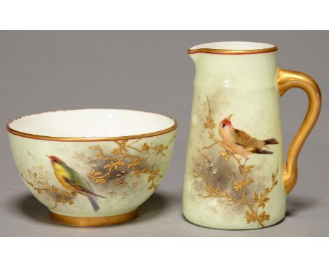 A GRAINGER WORCESTER CREAM JUG AND SUGAR BOWL, 1893, PAINTED WITH A BIRD ON A RAISED GILT BRANCH AND PALE CELADON GROUND, JUG