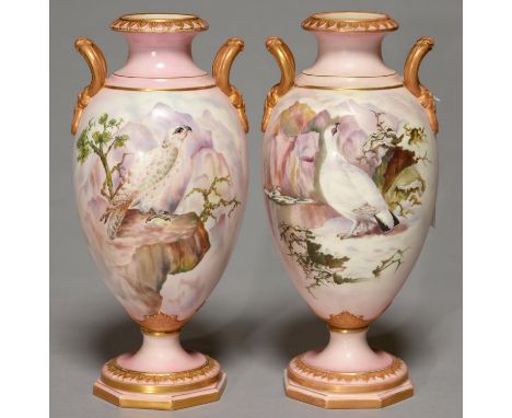 A RARE PAIR OF LOCKE &amp; CO. WORCESTER PINK GROUND ORNITHOLOGICAL VASES, C1902-14, PAINTED ON THE OVOID BODY WITH A PTARMIG