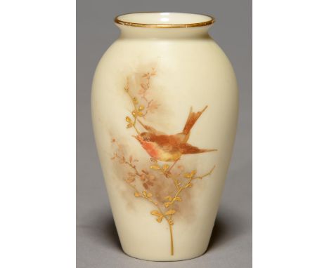 A GRAINGER WORCESTER VASE, 1889-90, PAINTED WITH A ROBIN ON A RAISED GILT BRANCH ON IVORY GROUND, THE RIM GILT, 10CM H, PRINT