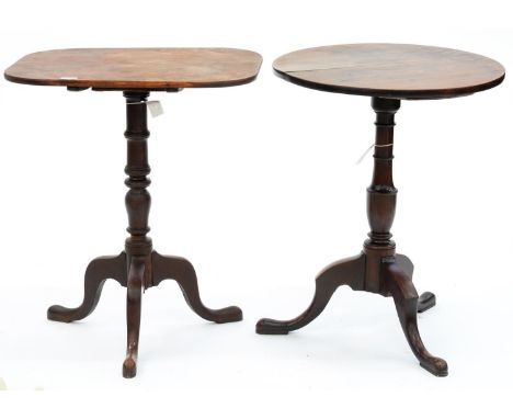 A GEORGE III MAHOGANY TRIPOD TABLE, 71CM H; 57CM DIA AND A VICTORIAN MAHOGANY TILT TOP TRIPOD TABLE ON TURNED PILLAR WITH OBL