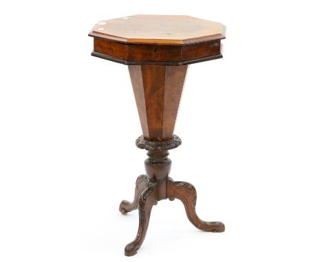 A VICTORIAN WALNUT OCTAGONAL WORK TABLE ON CARVED TRIPOD BASE, 71CM H X 44CM DIA Light surface scratches, veneer lifting slig