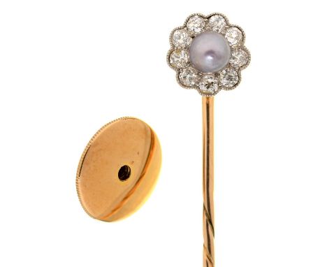 AN EDWARDIAN GOLD STICK PIN WITH DIAMOND AND GREY CULTURED PEARL CLUSTER TERMINAL, C1900, DEMOUNTABLE FOR WEAR AS A STUD, TER