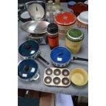 Vintage Kitchenware Including Enamel Pans, Storage