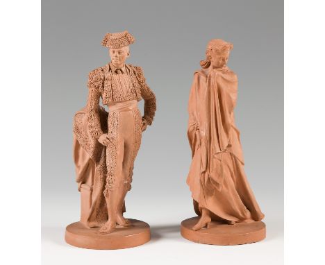 ANTONIO DE LAS PEÑAS Y LEÓN (Granada, 1815 - Seville, 1886)"Bullfighter" and "Lady with mantle".Pair of terracotta sculptures