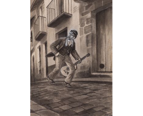 RICARDO OPISSO I SALA (Tarragona, 1880 - Barcelona, 1966)."Musician" and "Sketch of a street scene".Mixed media on paper (rec