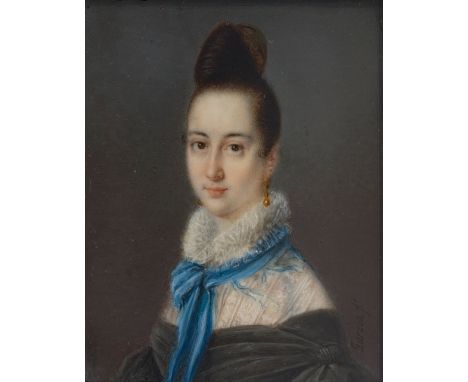 Spanish school ca. 1830."Portrait of a lady.Gouache on vellum.Signed "García fecit".Silver frame.Measurements: 8 x 7 x 0,4 cm