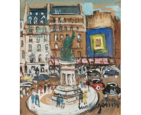 LUCIEN GENIN (Rouen, 1894 - Paris 1953)."Place sur le Boulevard".Gouache and charcoal on paper.Signed in the lower right corn