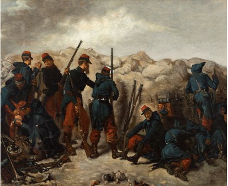 French school, late 19th century."The Trench.Oil on canvas.Signed (illegible).Relined. Frame with damages.Measurements: 60 x 