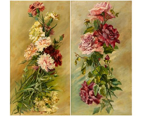 JOSEFA TEXIDOR TORRES, known as PEPITA TEXIDOR (Barcelona, 1865- 1914)"Roses and carnations", 1896 .Pair of oils on canvas.Si
