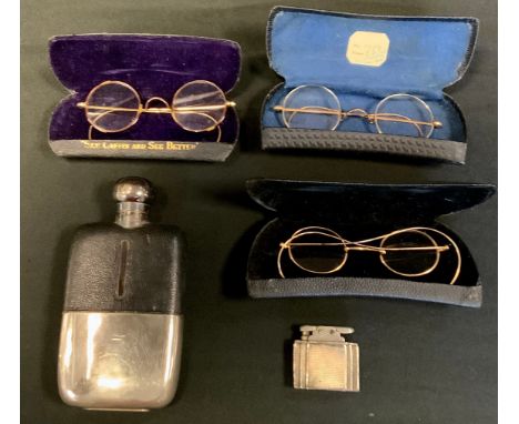 A silver plated hip flask, slip cup base, three pairs of spectacles;  sterling silver pocket lighter (5) 