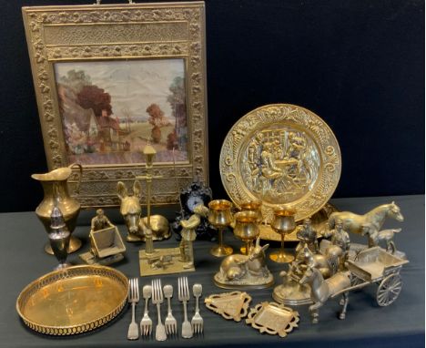 Brass &amp; Metalware - Miner figures, lamp lighter, plaques, Horse, etc 