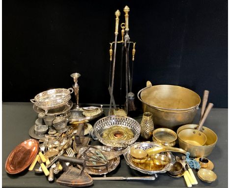 Brass and Plated ware - Brass jam pan, fireside, dishes, pots; Plated pierced dishes, flatware including mother of pearl; etc