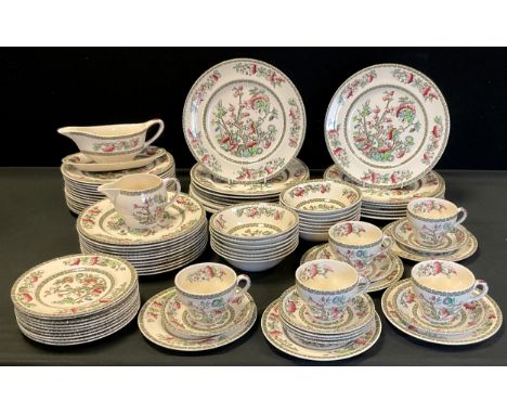 Johnson and Bros 'Indian Tree' pattern dinner service including; eight dinner plates, eight smaller, six tea cups and saucers