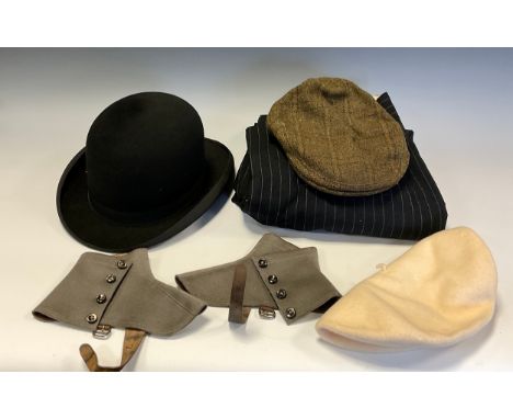 Fashion and Textiles - a pair of Mansfield and Sons spats, light grey, The Velum bowler hat 16cm x 20cm, pinstriped suit trou