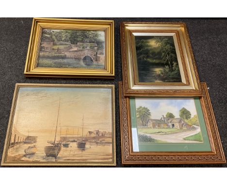 * Lewin, Derbyshire Bridge, possibly Ashford in the Water, signed, oil, 24cm x 34cm; others Winstead Park, ;  W R Polendine, 