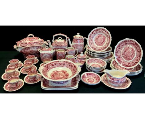 A Masons ‘ Vista’ pattern part table service including; tea pot, coffee pot, five large dinner plates, five medium, five smal