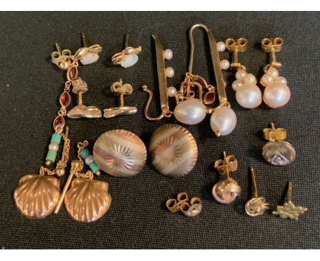 A pair of opal yellow metal mounted earrings;  others, seed pearl, cultured pearl, etc part 9ct gold mounted stamps include 3