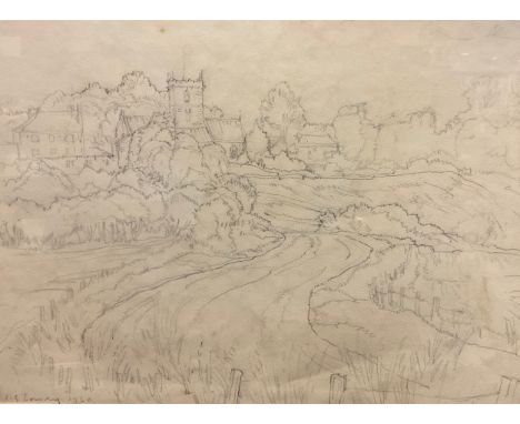 After L. S. Lowry, Church and meandering river, working pencil sketch, bears signature, dated 1960, 28cm x 37.5cm. 
