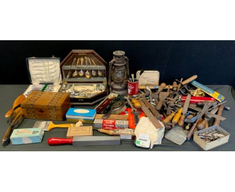 Boxes and Objects - Tools and equipment including chisels, drill heads and hammers; canteen flatware and set of mother of pea