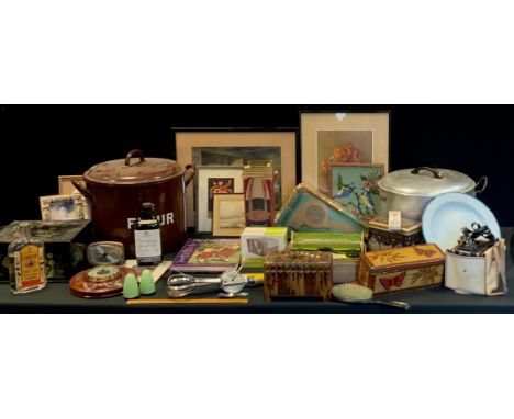 Boxes and Objects - Enamel flour bin and dishes, tins, Gordon gin bottles, 1960's hair dryer, Thermos flask; etc (2 boxes) 