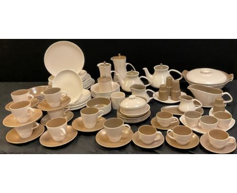 A Poole mushroom and sepia pattern part table service including; eleven dinner plates, two tea pots, two coffee pots, nine te