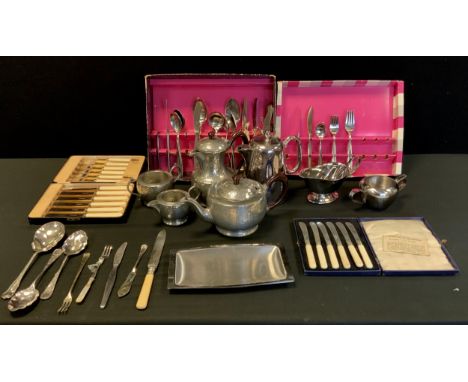 A four piece pewter tea service, planished design; etc 